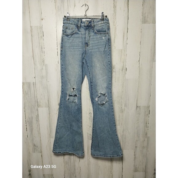 Denim - Willow + Root Women's Flared Out High Rise Jeans Light Wash Size 24x34 Distress